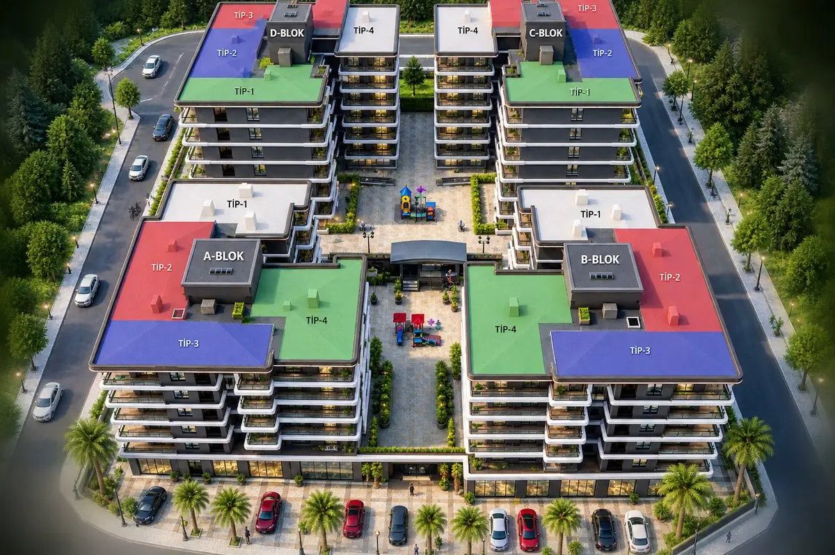 Ada Park — A, B, C ve D bloklarının 3 boyutlu vaziyet planı ve daire tipi dağılımı