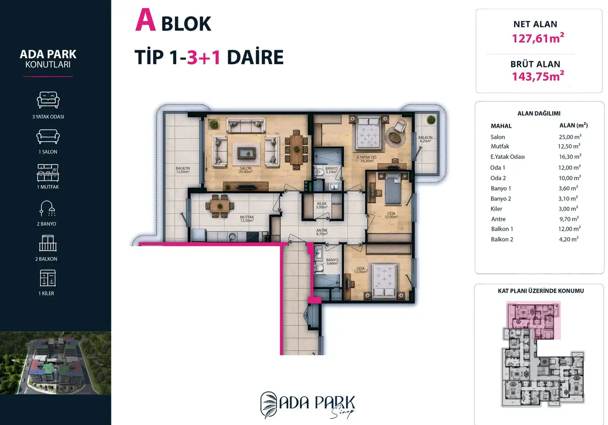 A Blok — Tip 1 · 3+1 · Net 127,61 m² kat planı