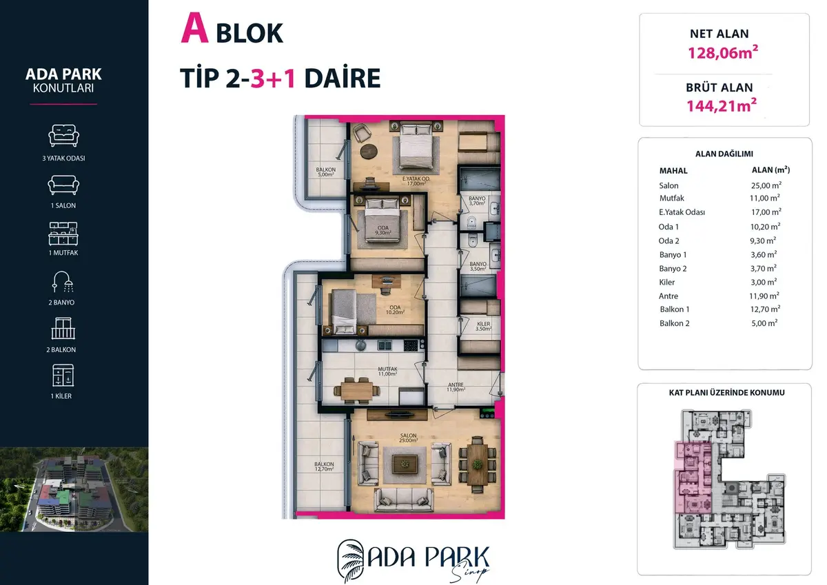 A Blok — Tip 2 · 3+1 · Net 128,06 m² kat planı