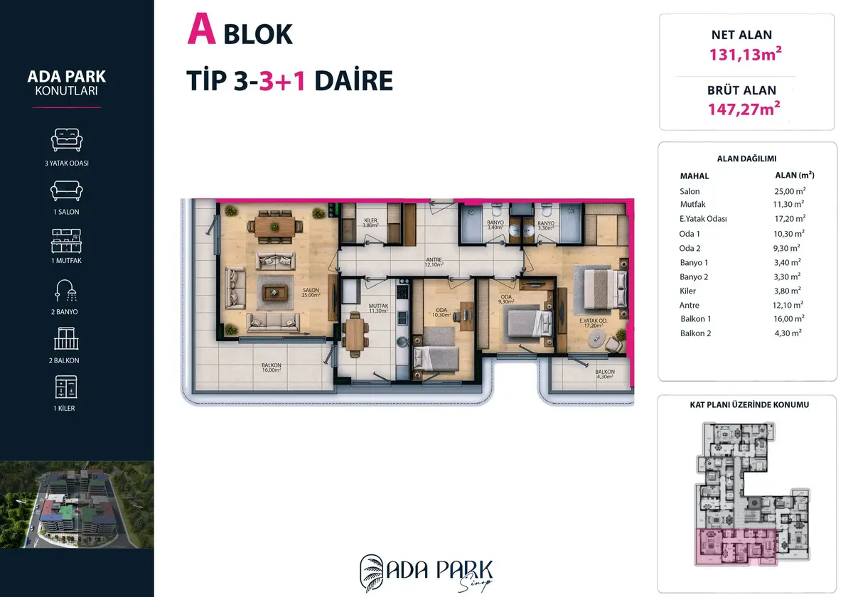 A Blok — Tip 3 · 3+1 · Net 131,13 m² kat planı