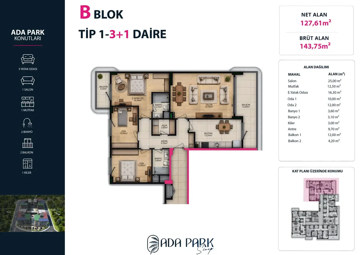 B Blok — Tip 1 · 3+1 · Net 127,61 m² kat planı