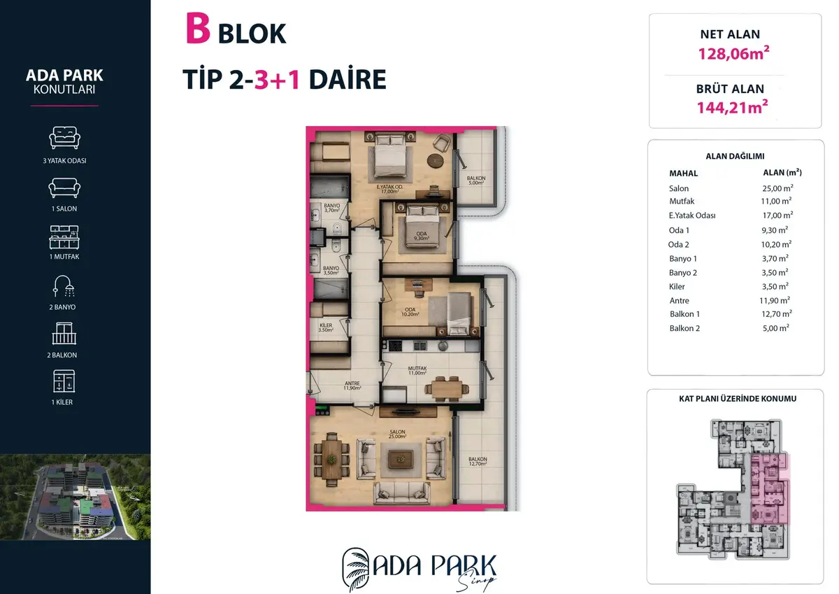 B Blok — Tip 2 · 3+1 · Net 128,06 m² kat planı