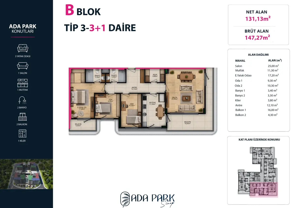 B Blok — Tip 3 · 3+1 · Net 131,13 m² kat planı