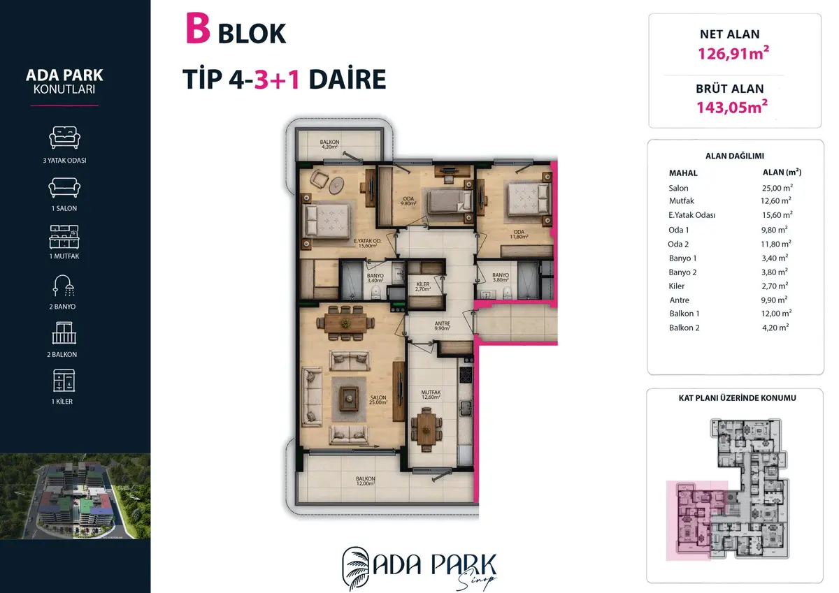 B Blok — Tip 4 · 3+1 · Net 126,91 m² kat planı