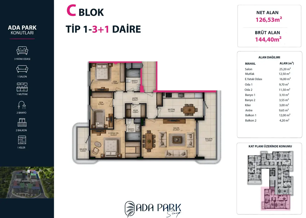 C Blok — Tip 1 · 3+1 · Net 126,53 m² kat planı