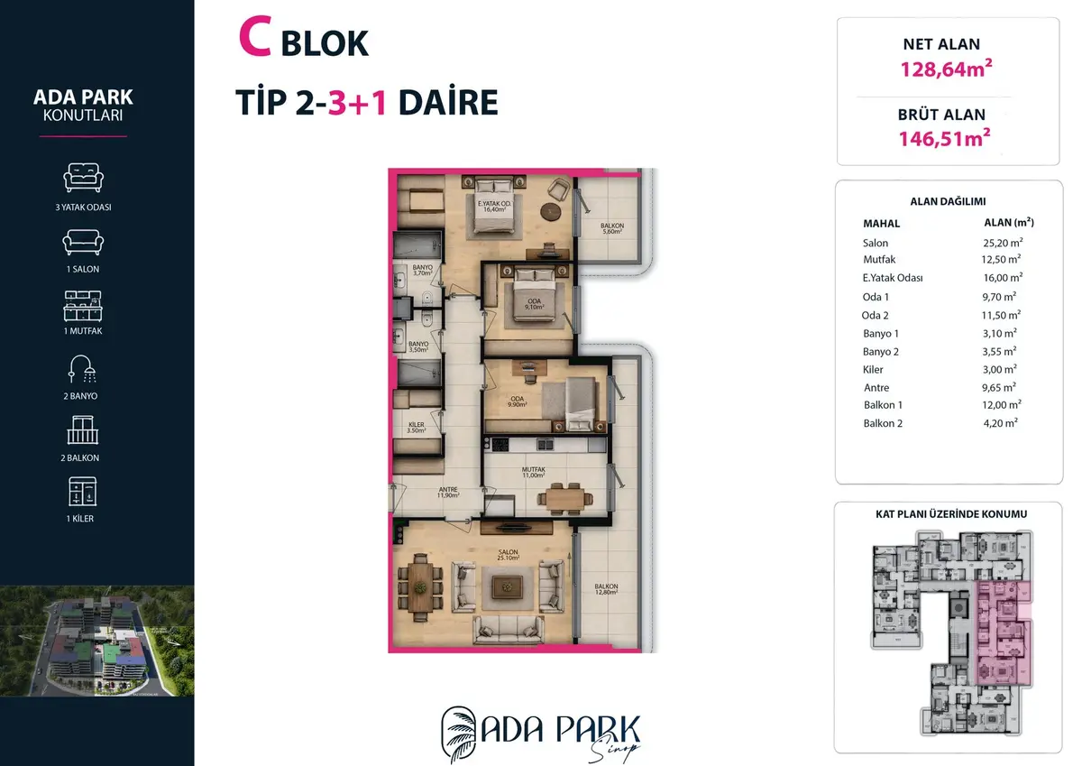 C Blok — Tip 2 · 3+1 · Net 128,64 m² kat planı