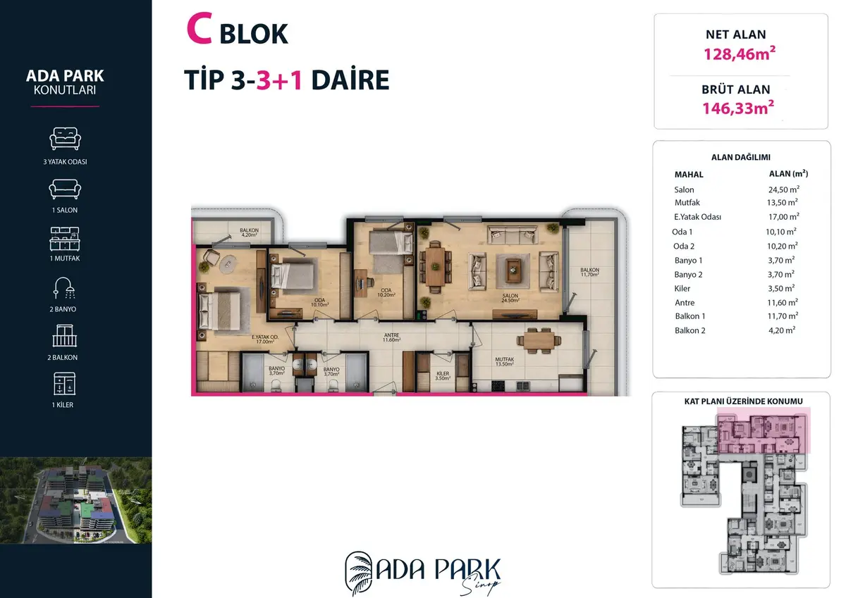 C Blok — Tip 3 · 3+1 · Net 128,46 m² kat planı