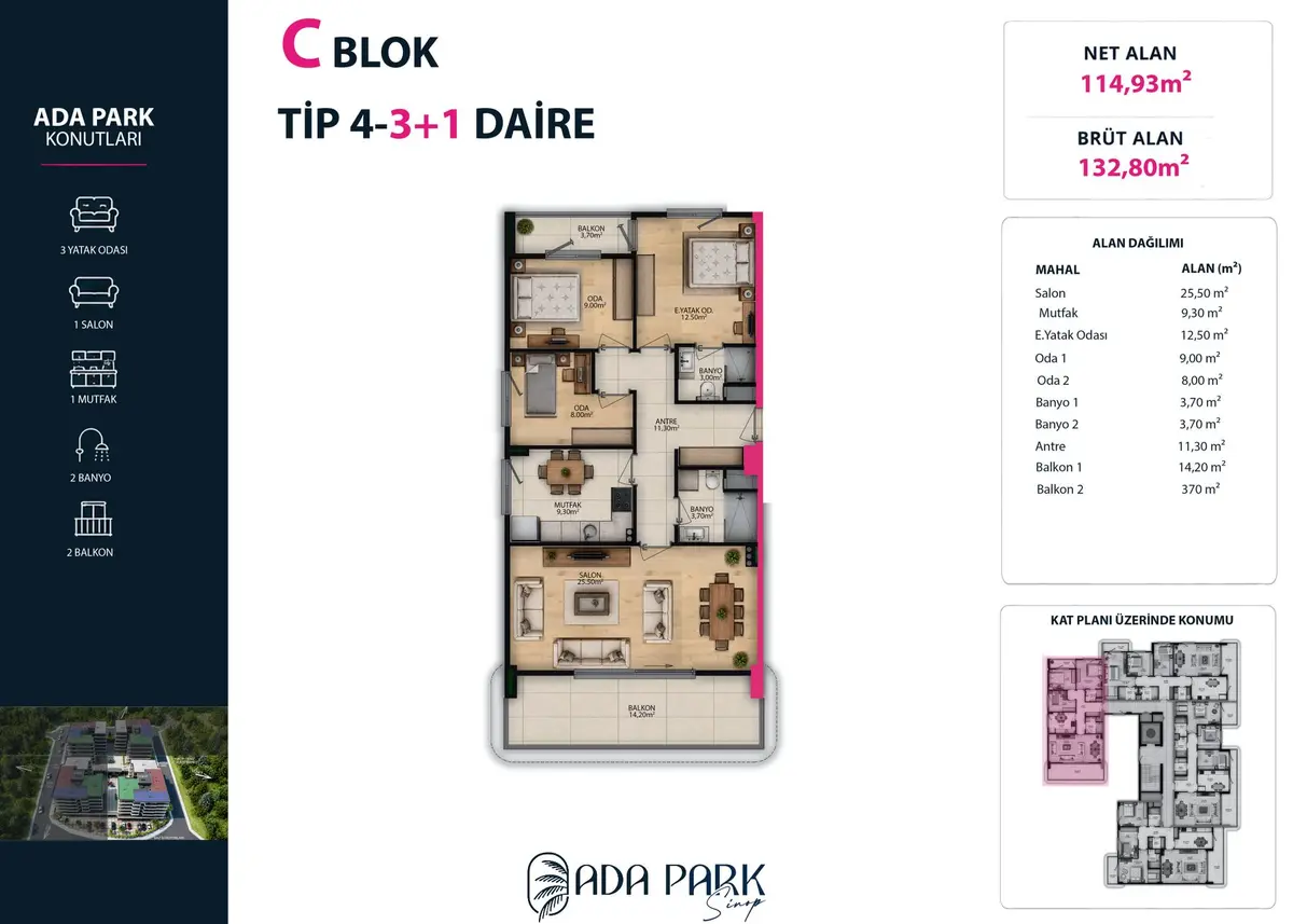 C Blok — Tip 4 · 3+1 · Net 114,93 m² kat planı