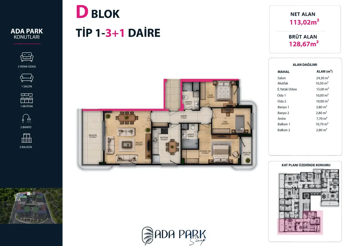 D Blok — Tip 1 · 3+1 · Net 113,02 m² kat planı