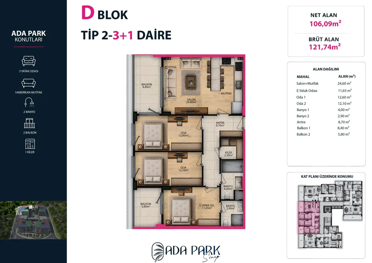 D Blok — Tip 2 · 3+1 · Net 106,09 m² kat planı