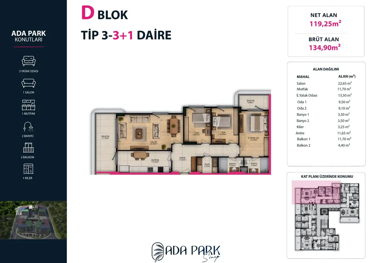 D Blok — Tip 3 · 3+1 · Net 119,25 m² kat planı