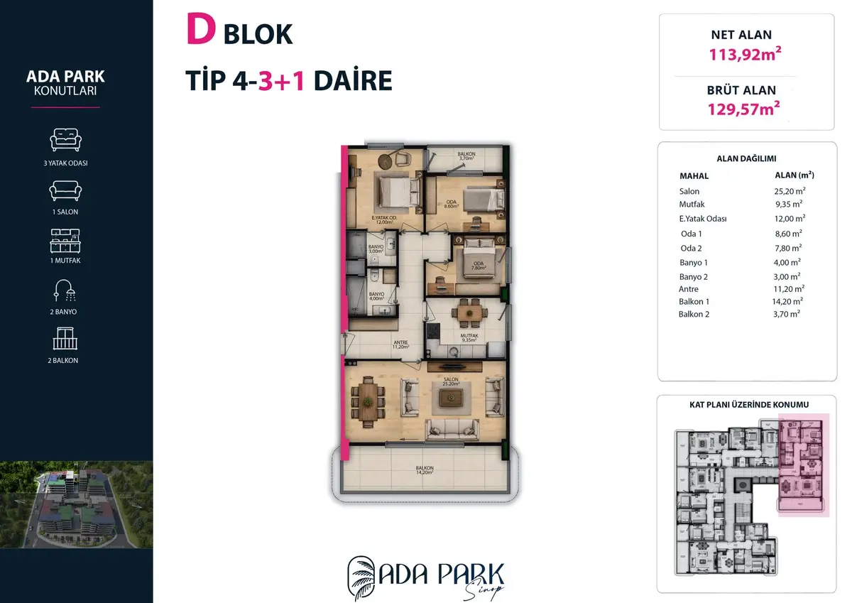 D Blok — Tip 4 · 3+1 · Net 113,92 m² kat planı